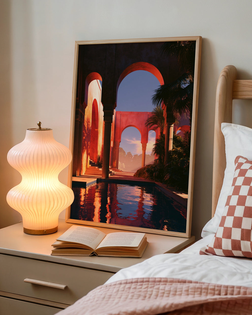 Courtyard Arches Sunset Poster, Terracotta Architecture, Mediterranean Wall Art