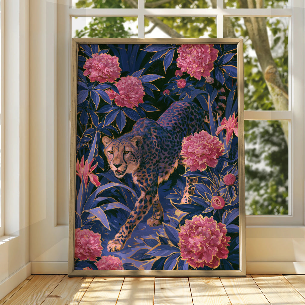 Cheetah Pink Flowers Poster, Botanical Jungle Wall Art, Dark Floral Print