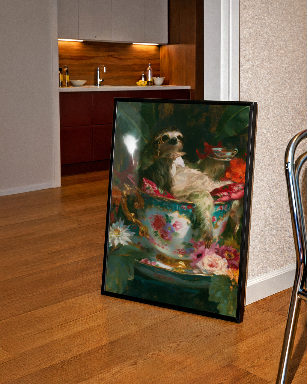 Sloth in Teacup Poster, Floral Oil Painting Style, Whimsical Animal Wall Art