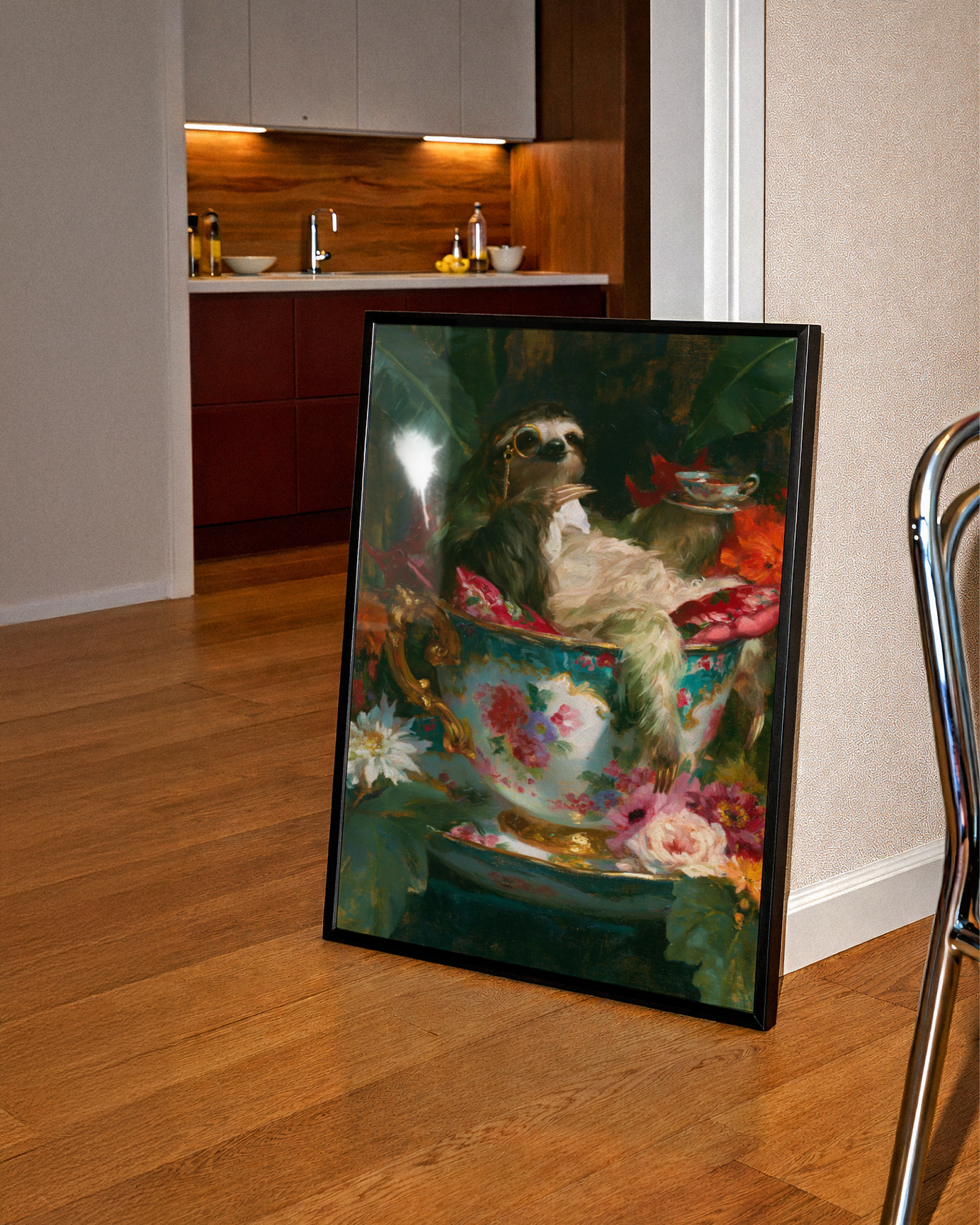 Sloth in Teacup Poster, Floral Oil Painting Style, Whimsical Animal Wall Art