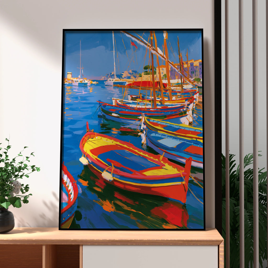 Colourful Boats Harbour Poster, Mediterranean Sailing Art Print, Bold Coastal Wall Art
