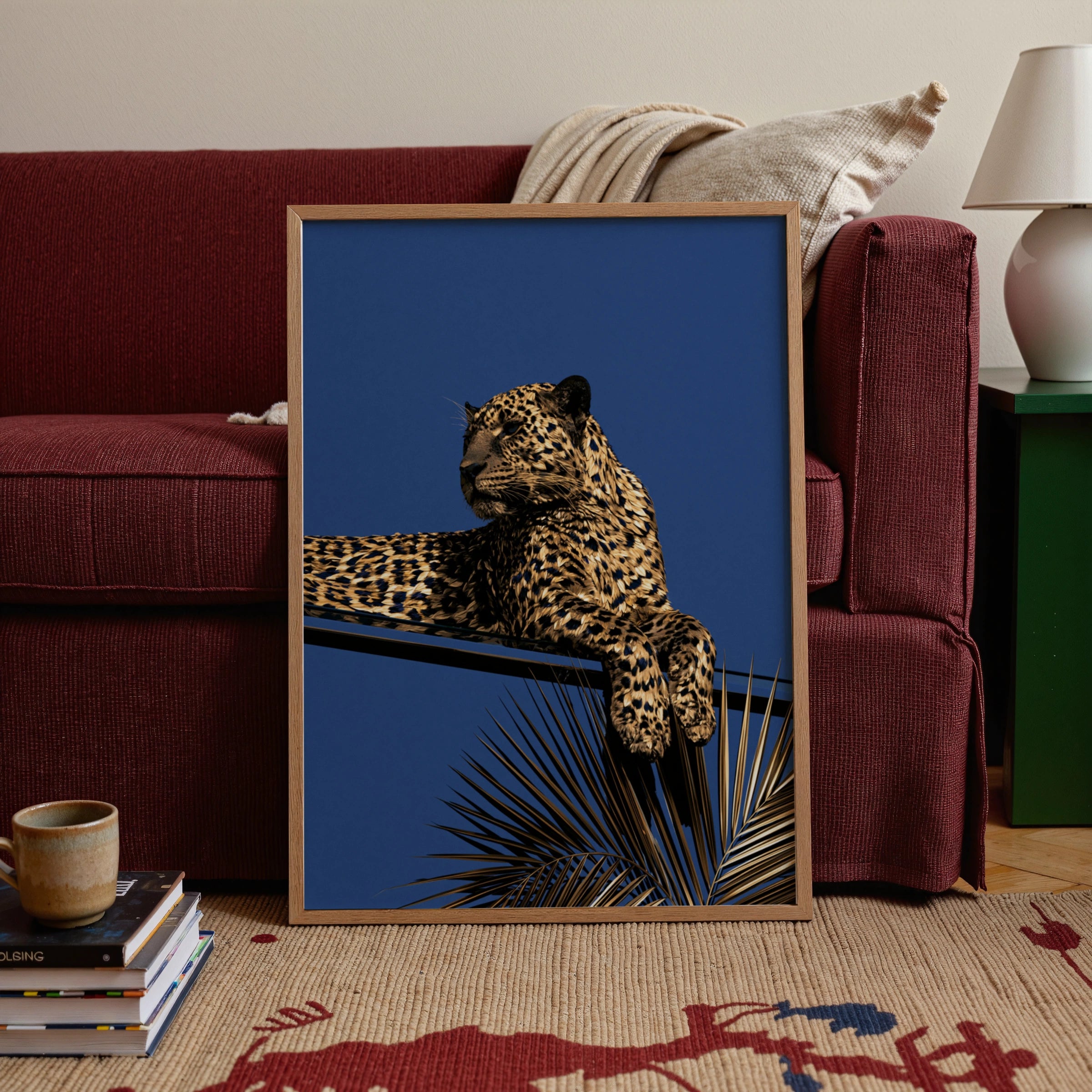 Gold Leopard Blue Sky Poster, Art Deco Wild Cat Print, Luxury Animal Wall Art