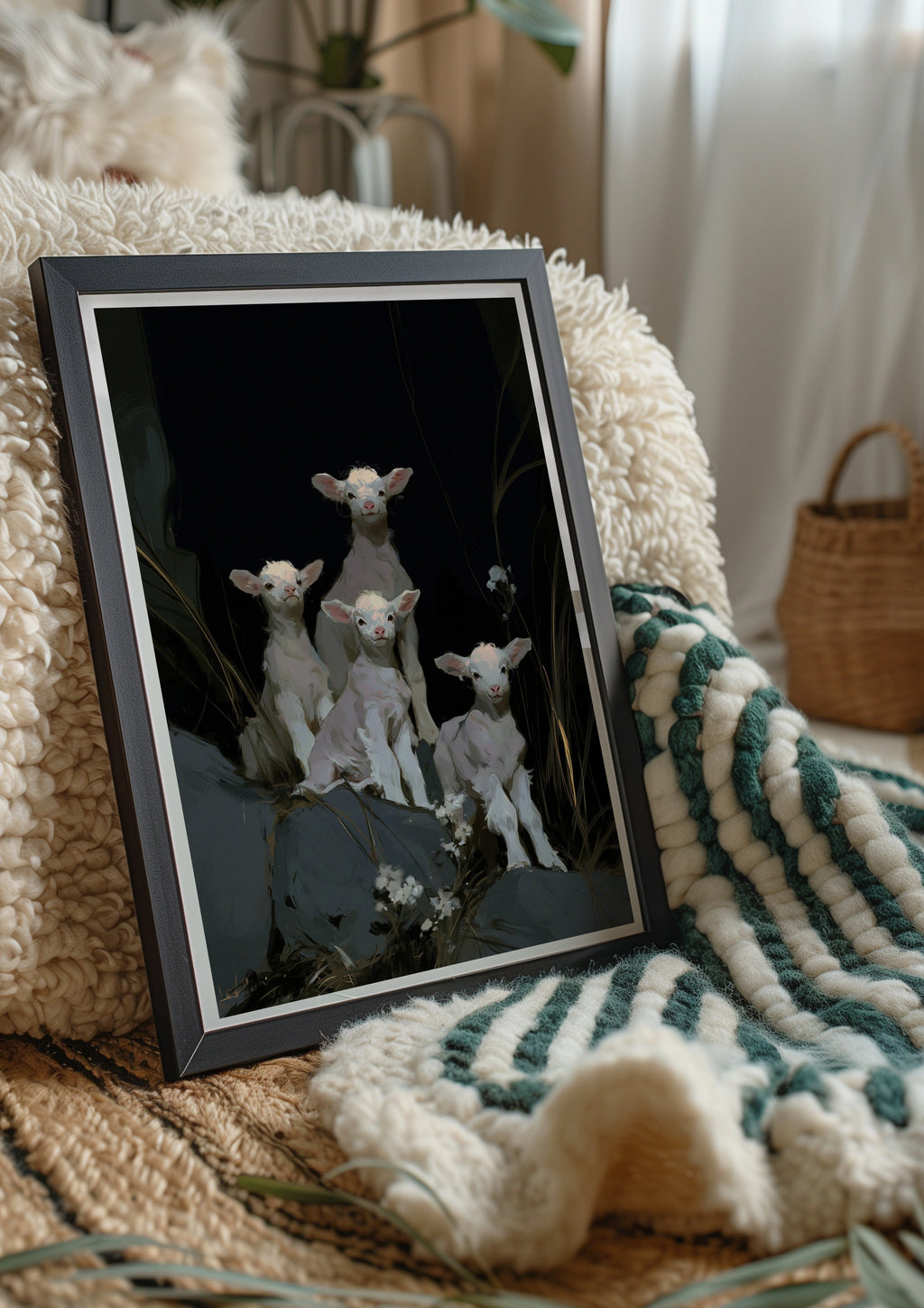 Lambs Wall Art Poster, Dark Background, Painterly Animal Print