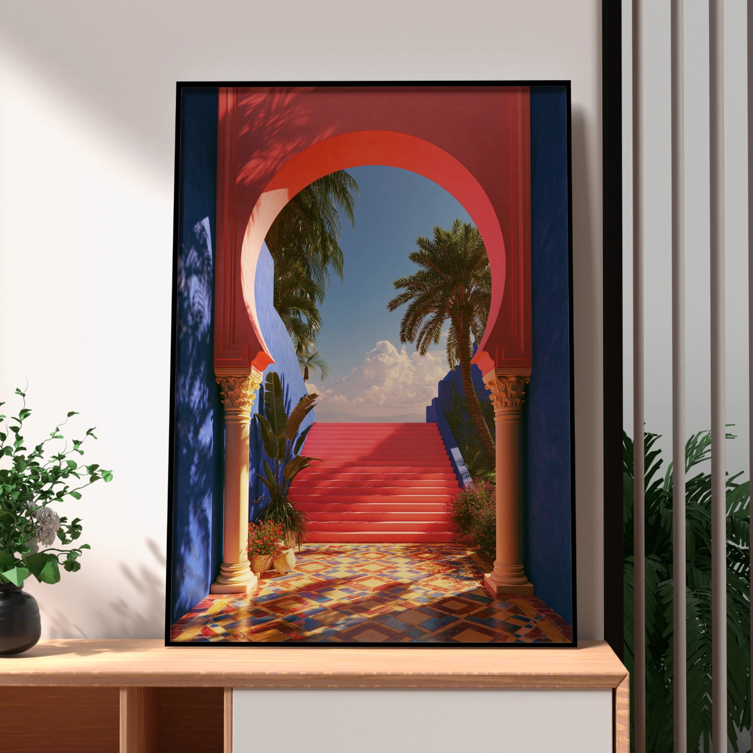 Moroccan Archway Palm Trees Poster, Red Blue Architecture Wall Art Print
