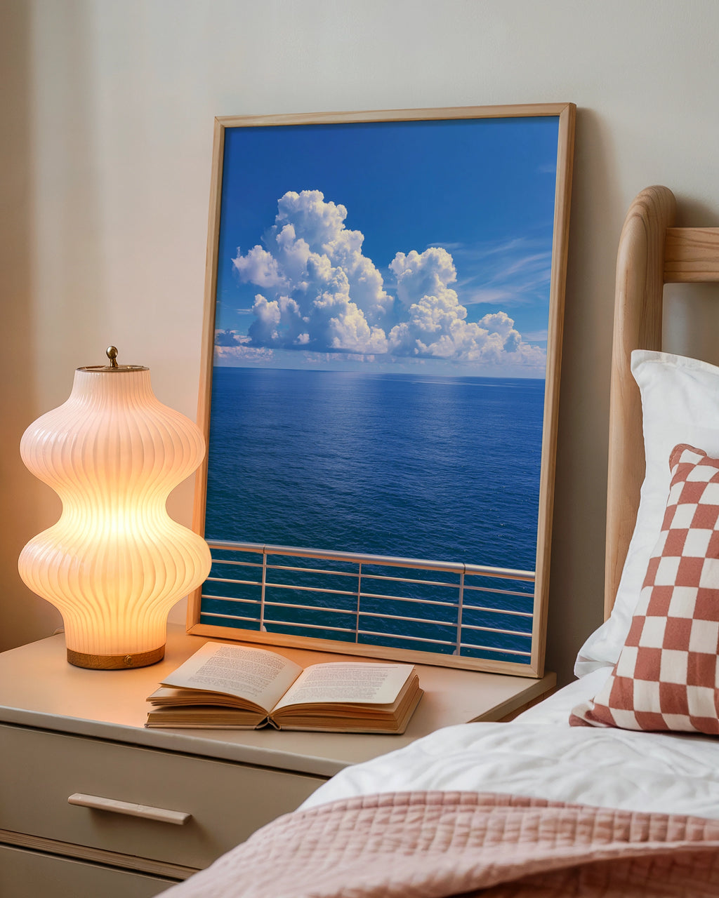 Cruise Ship Deck Ocean View Poster, Blue Sea Sky Clouds, Nautical Wall Art