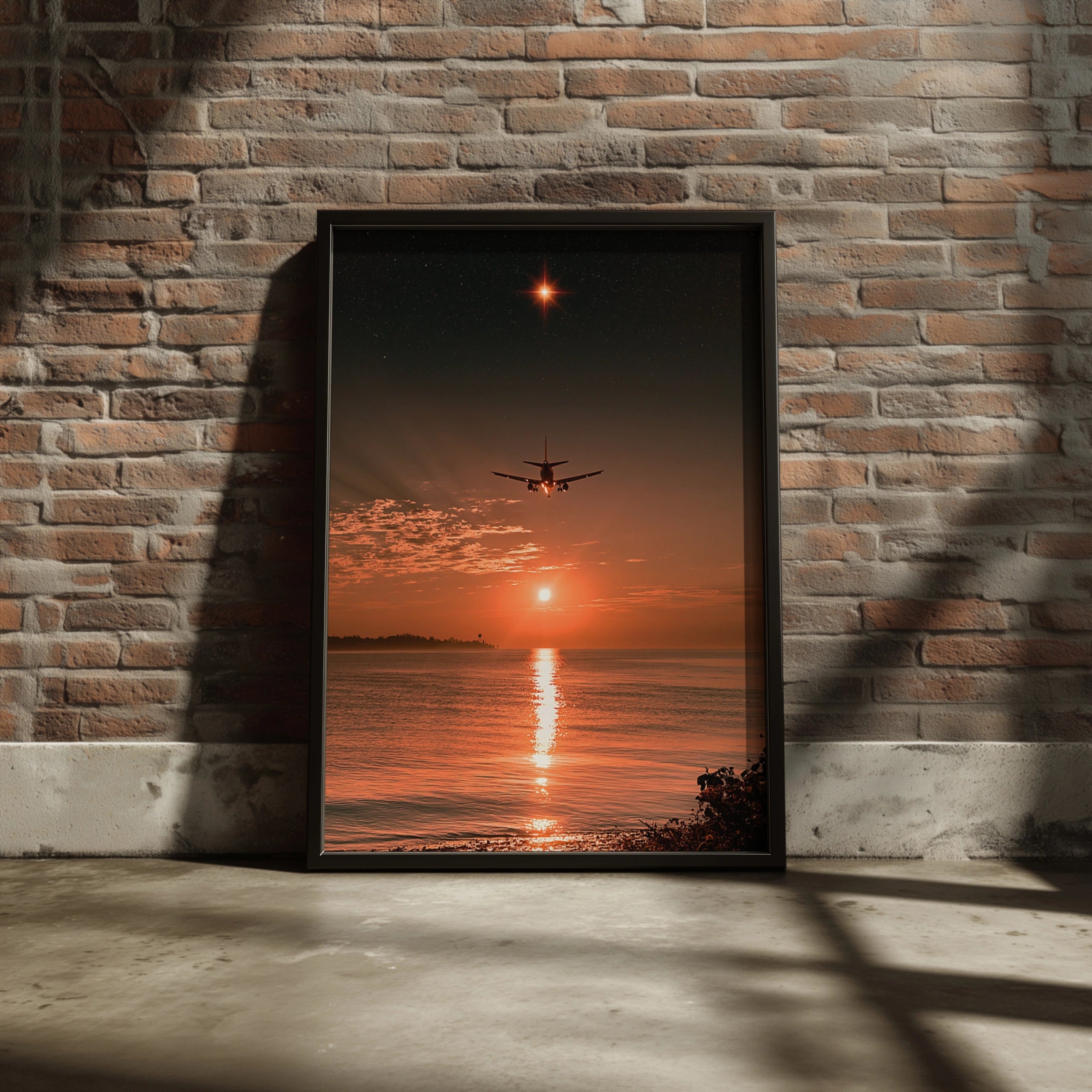 Plane Silhouette Sunset Beach Poster, Starry Sky Ocean Wall Art Print