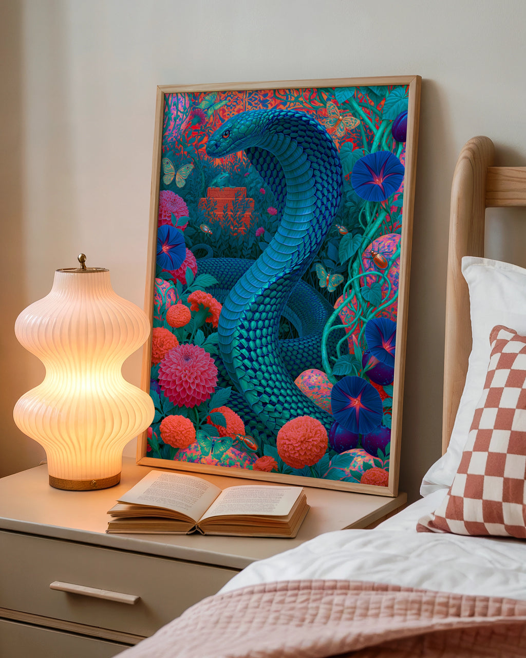 Blue Cobra Snake Floral Poster, Psychedelic Botanical Wall Art Print