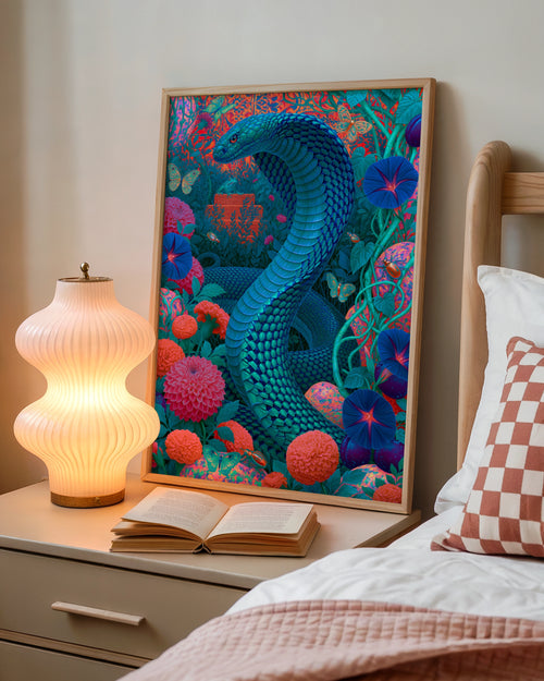 Blue Cobra Snake Floral Poster, Psychedelic Botanical Wall Art Print