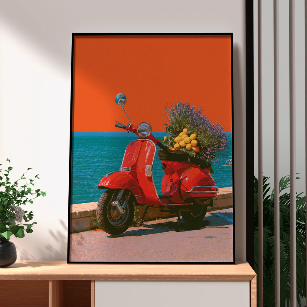 Red Vespa Lavender Lemons Sea Wall Art Poster, Italian Scooter Print
