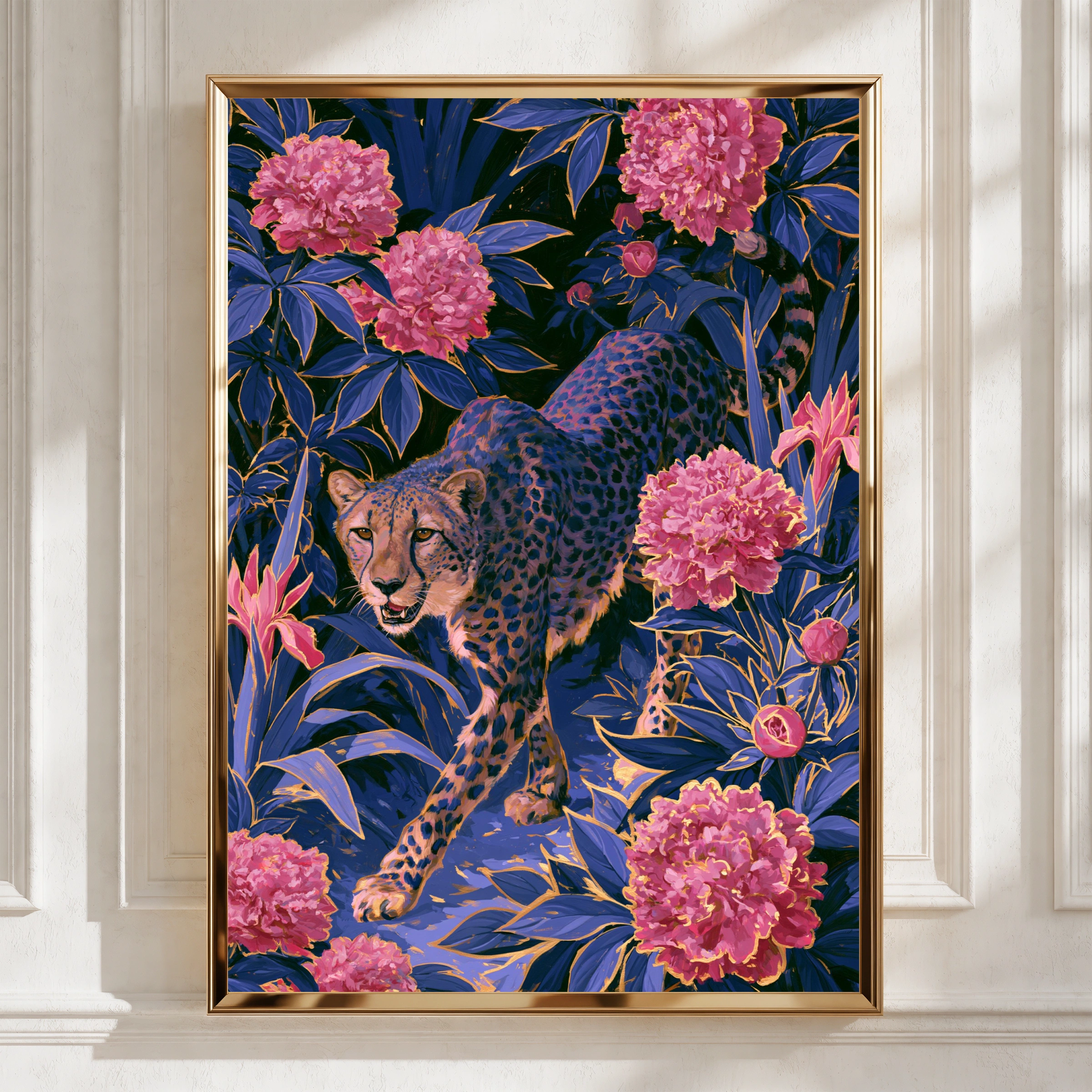 Cheetah Pink Flowers Poster, Botanical Jungle Wall Art, Dark Floral Print