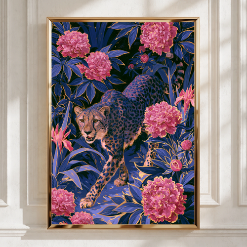 Cheetah Pink Flowers Poster, Botanical Jungle Wall Art, Dark Floral Print