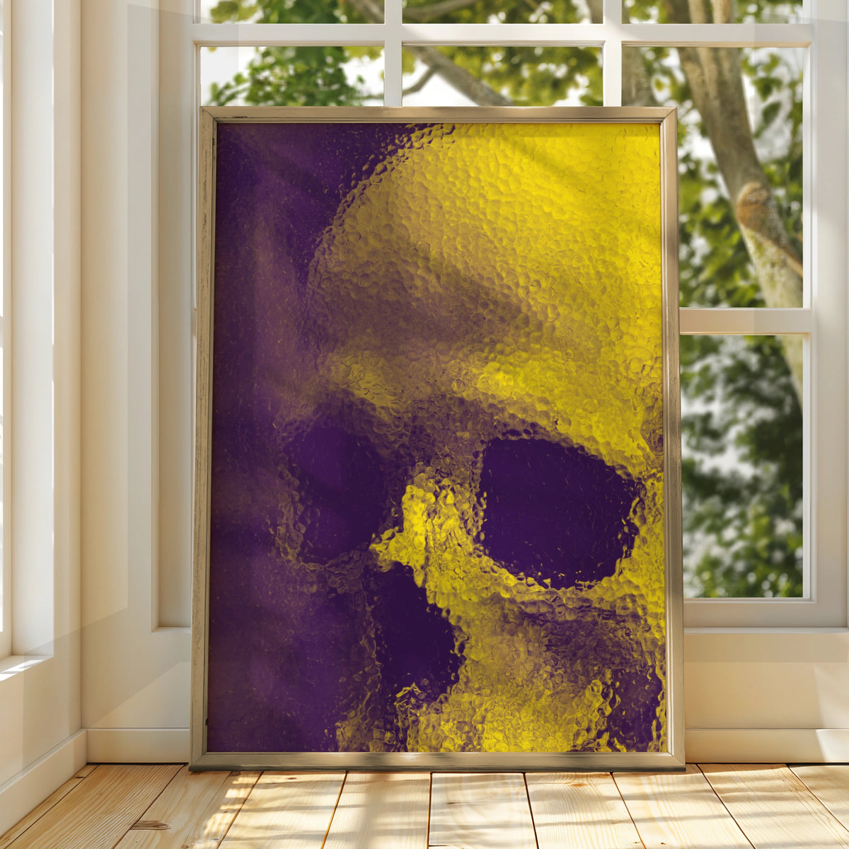 Yellow Glass Skull Poster, Dark Gothic Wall Art, Bold Modern Print
