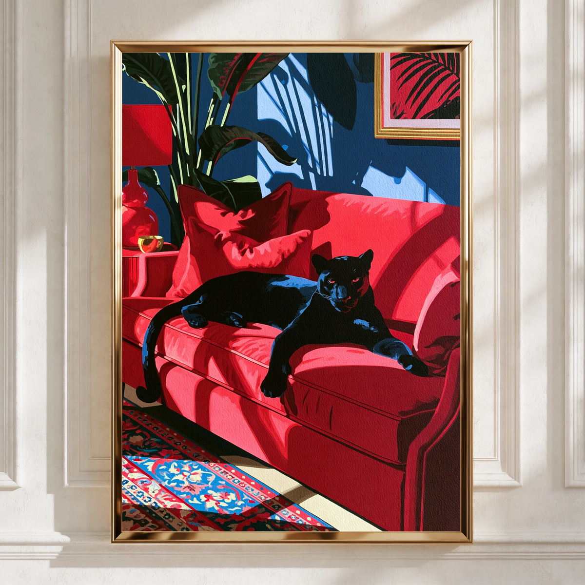 Black Panther Red Sofa Poster, Bold Animal Art Print, Maximalist Interior