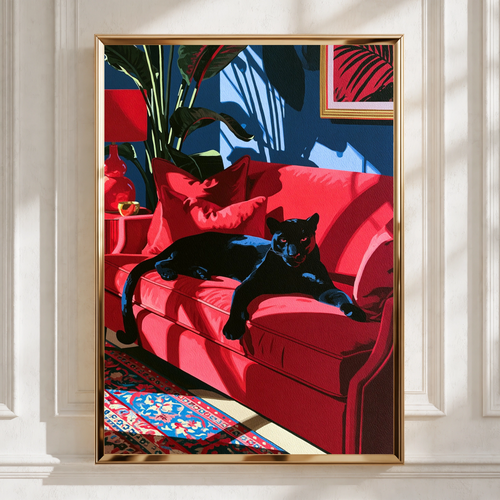 Black Panther Red Sofa Poster, Bold Animal Art Print, Maximalist Interior