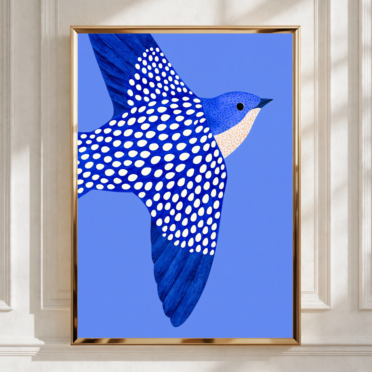 Blue Swallow in Flight Wall Art Poster, Dotted Bird Print, Bold Illustrated Style