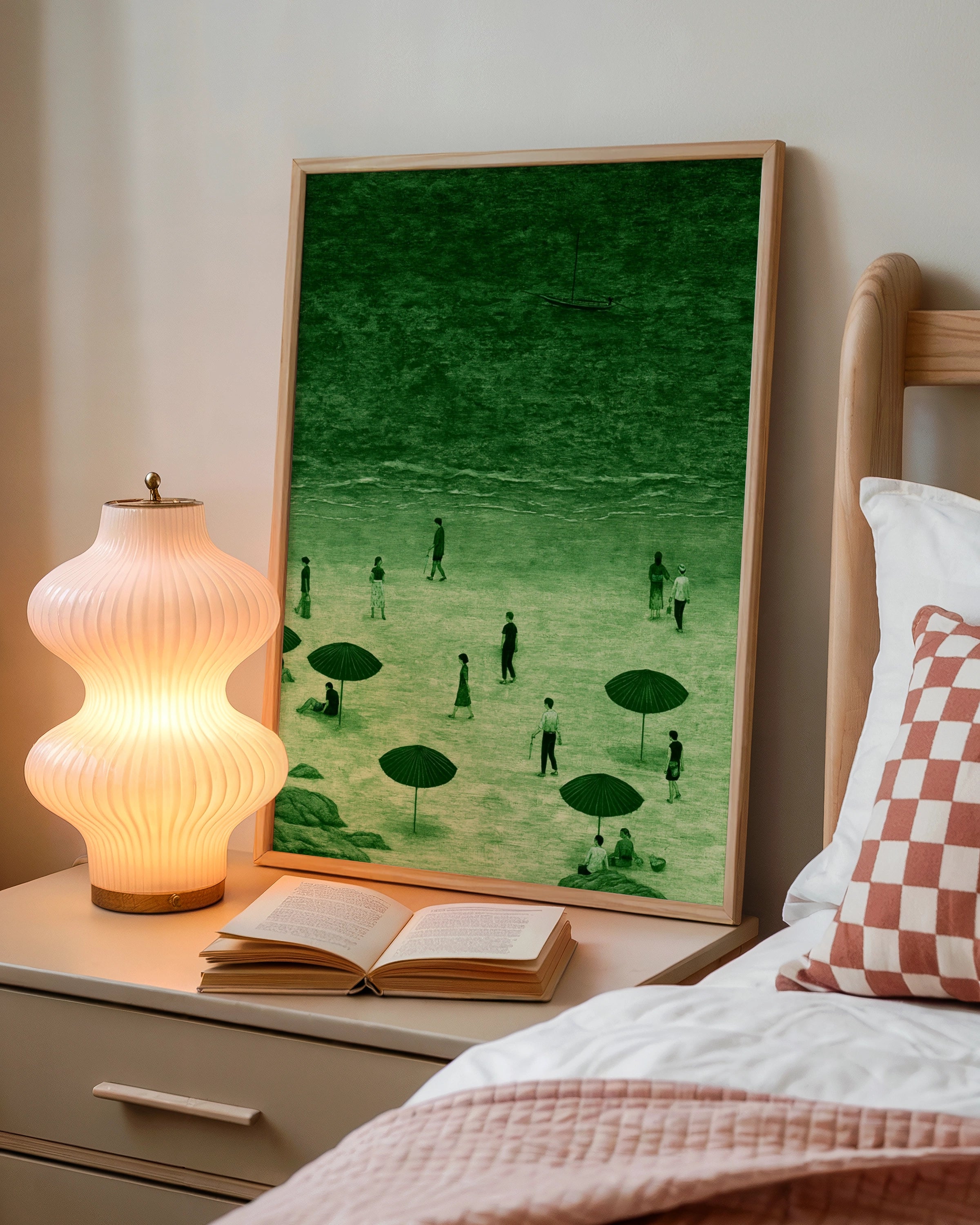 Green Beach Scene Wall Art Poster, Coastal Figures Umbrella Print, Moody Retro Style