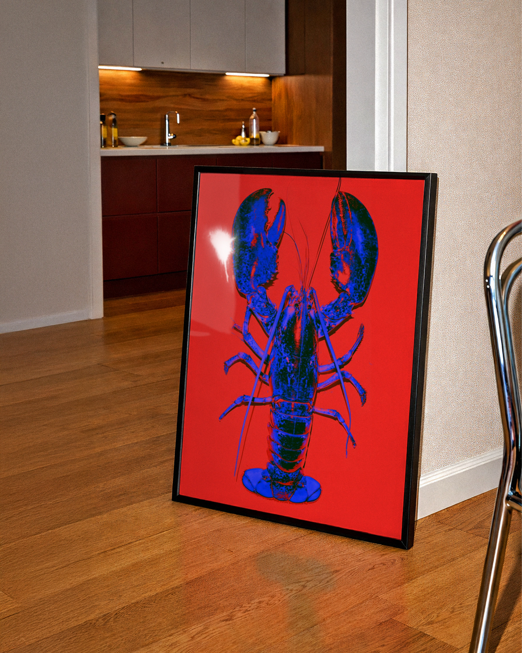 Blue Lobster Pop Art Poster, Bold Red Background, Graphic Animal Print