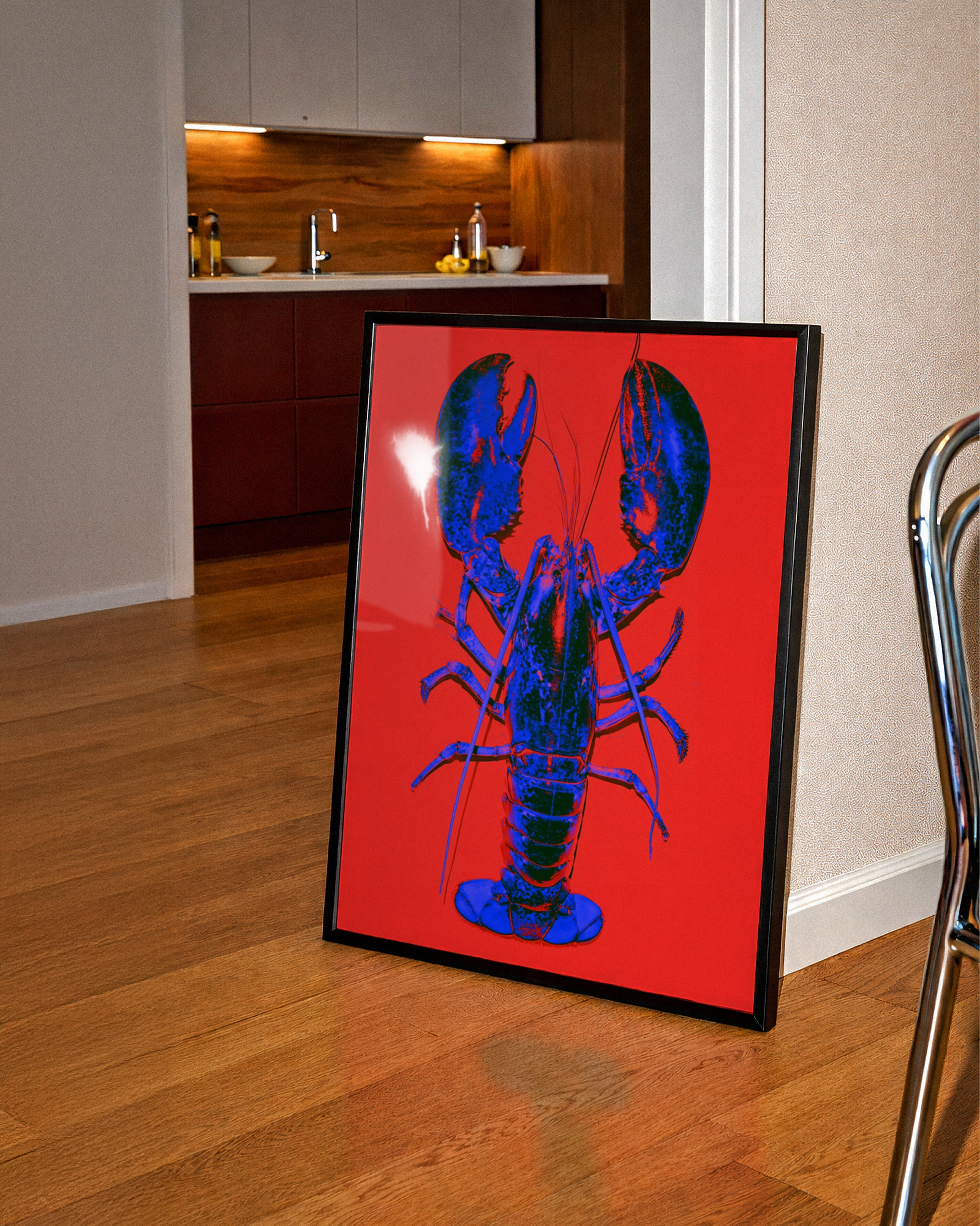 Blue Lobster Pop Art Poster, Bold Red Background, Graphic Animal Print