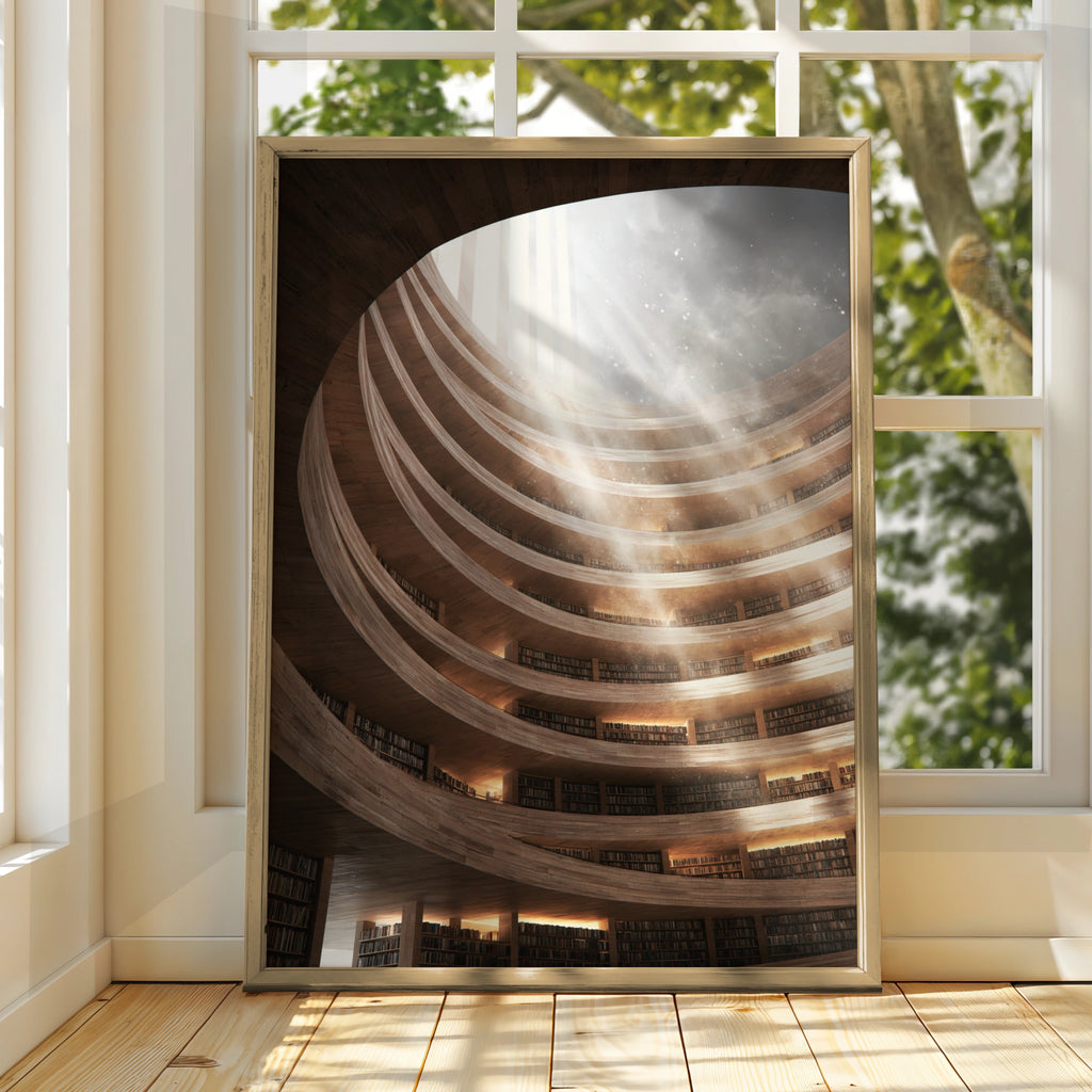 Grand Library Sunray Interior Poster, Circular Bookshelf Architecture Print