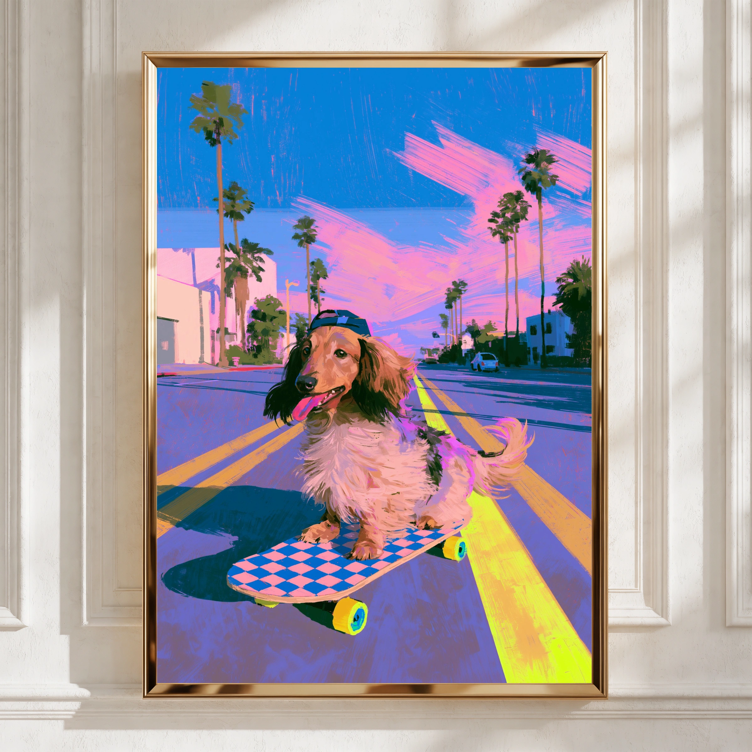 Dachshund Skateboard Poster, Sausage Dog Wall Art, Retro Vaporwave Print