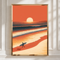 Surfer Sunset Beach Poster, Ocean Waves Wall Art, Retro Surf Print