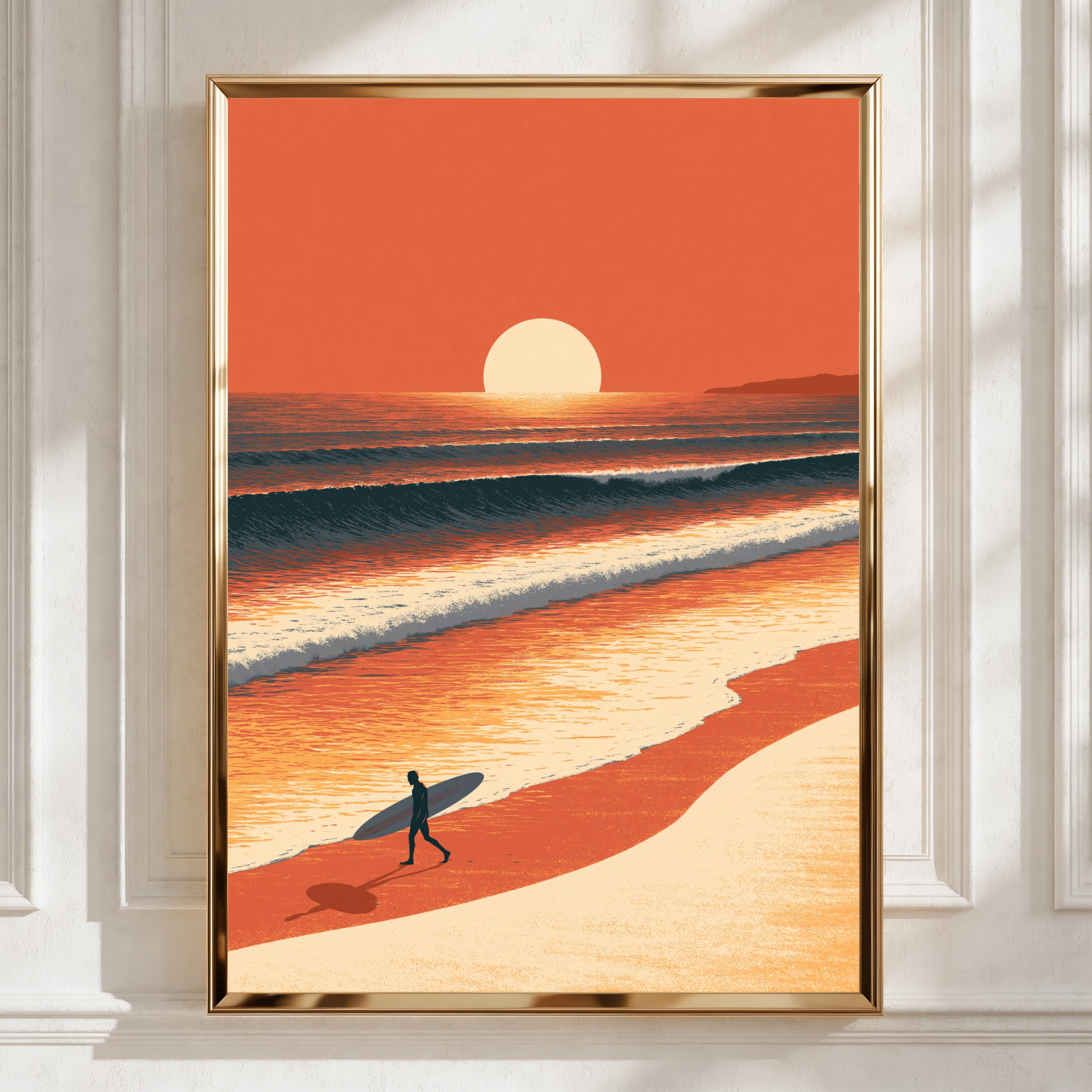 Surfer Sunset Beach Poster, Ocean Waves Wall Art, Retro Surf Print