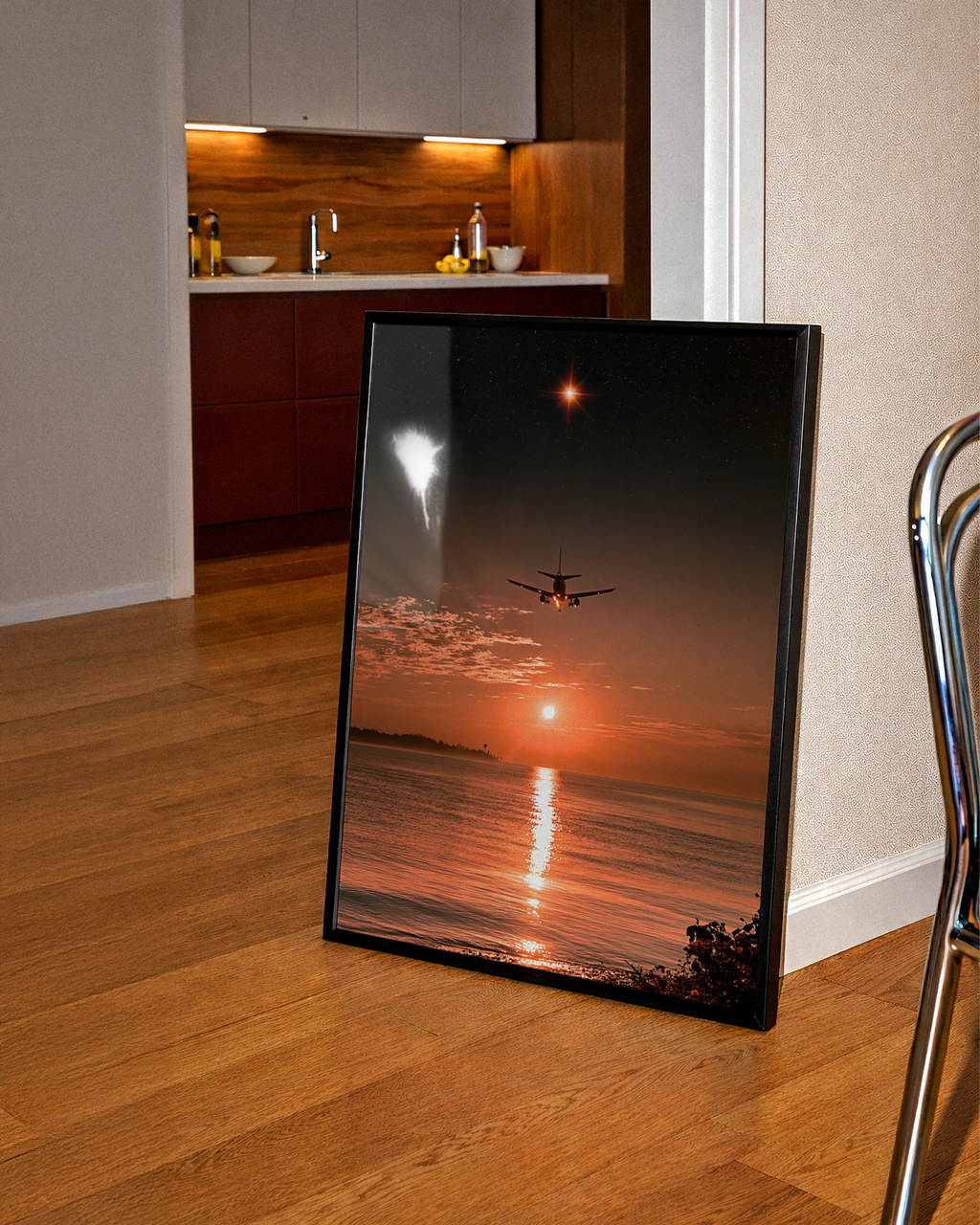 Plane Silhouette Sunset Beach Poster, Starry Sky Ocean Wall Art Print