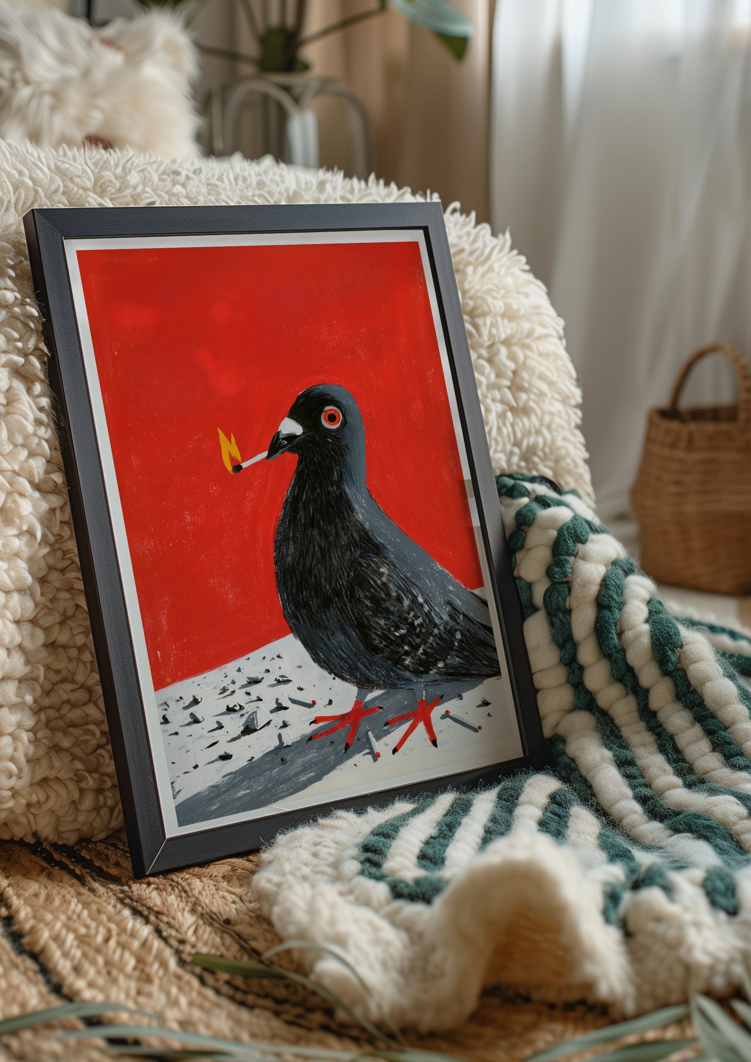 Pigeon with Match Poster, Bold Red Wall Art, Urban Bird Print