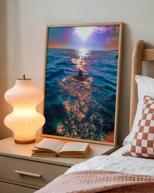 Swimming Man at Sunset Ocean Poster, Sea Swimming Wall Art, Vibrant Blue