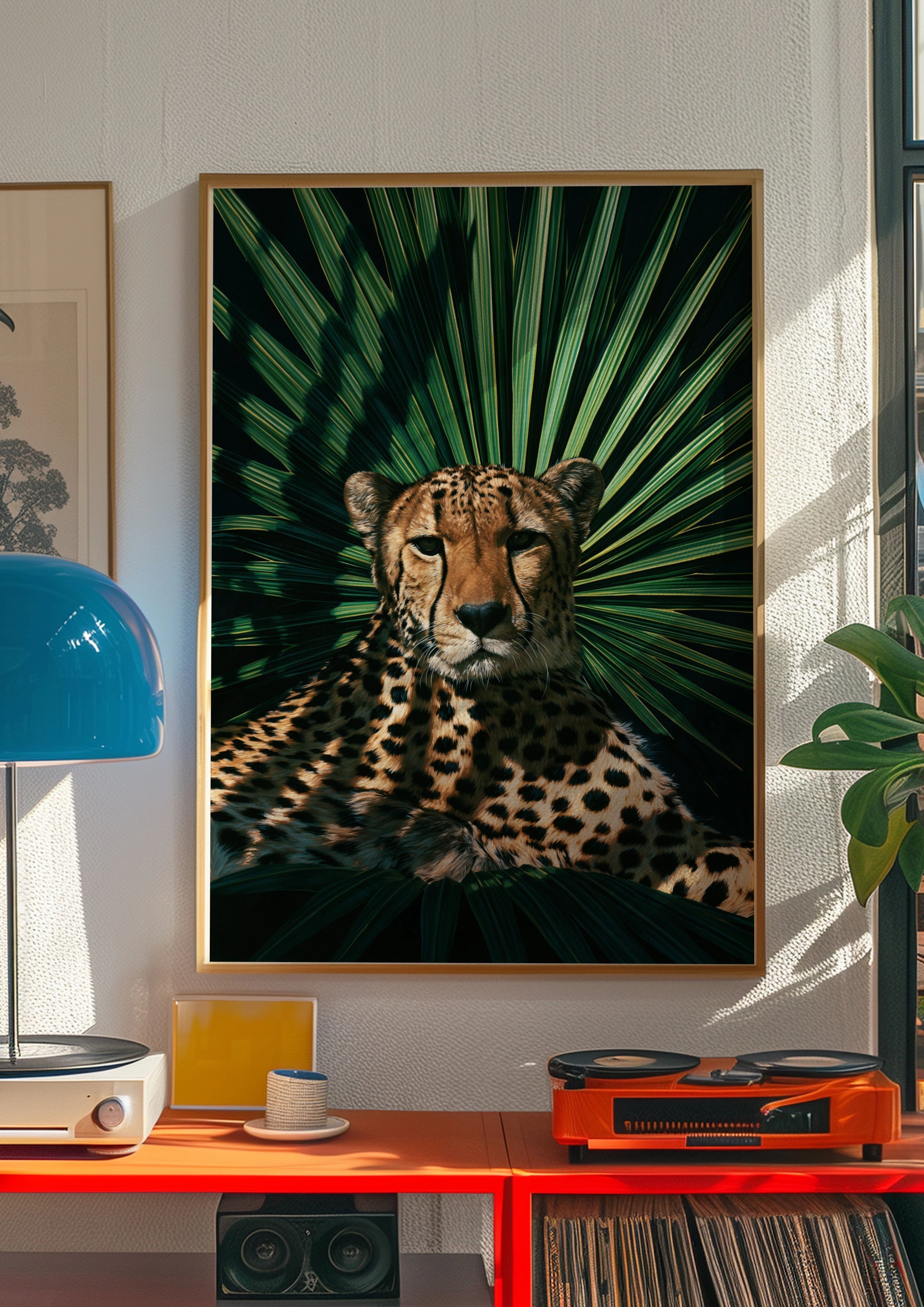 Cheetah Palm Shadow Poster, Tropical Wildlife Wall Art, Dark Botanical Print