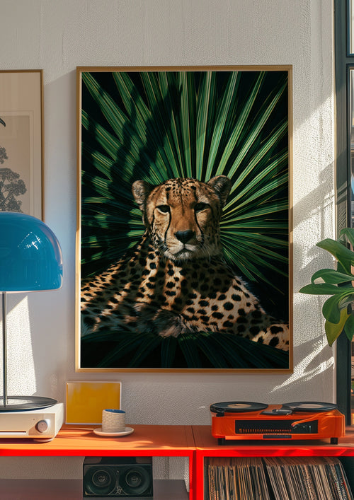 Cheetah Palm Shadow Poster, Tropical Wildlife Wall Art, Dark Botanical Print