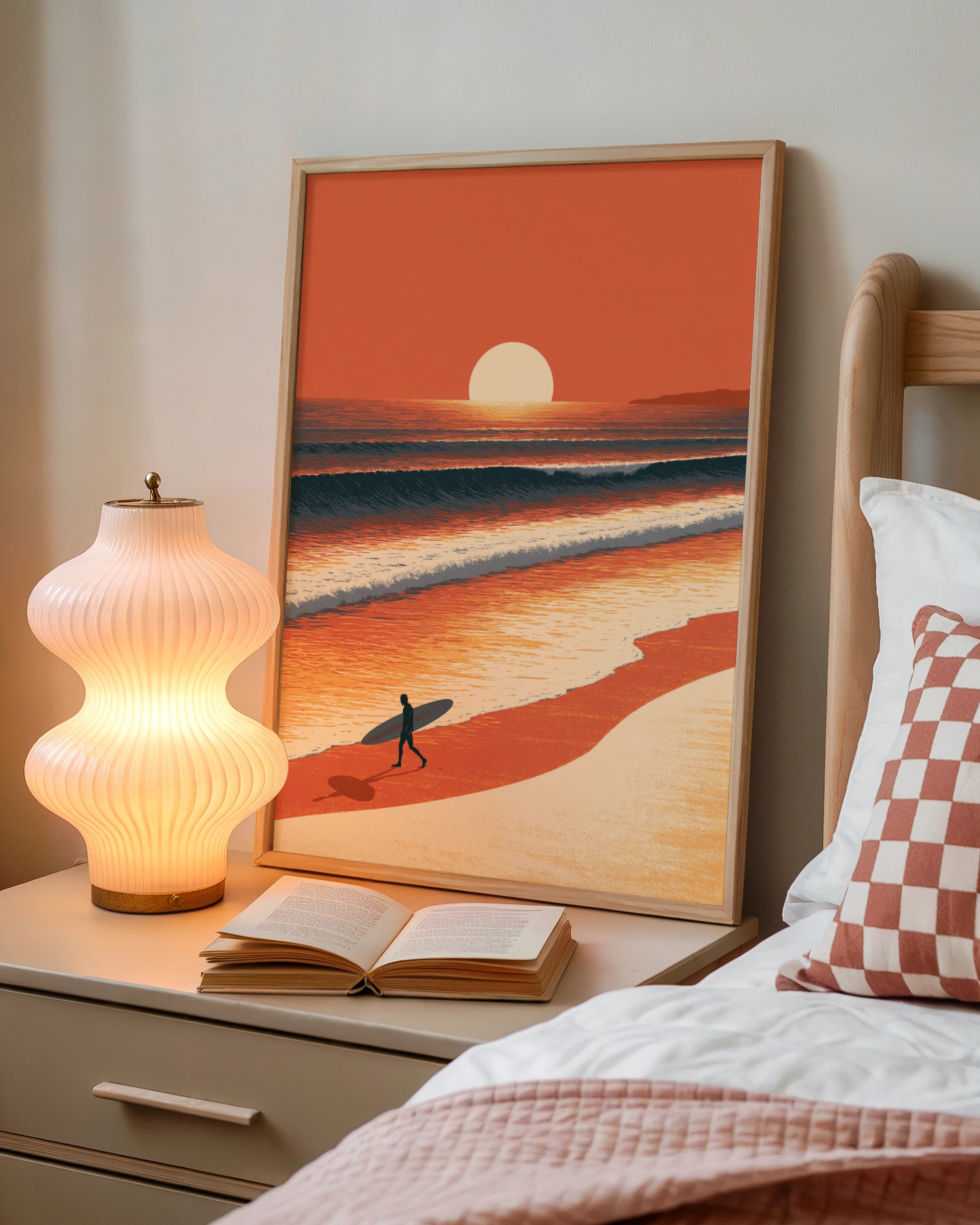 Surfer Sunset Beach Poster, Ocean Waves Wall Art, Retro Surf Print