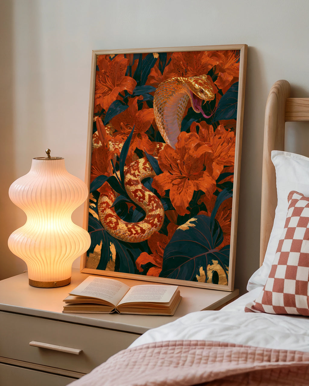 Golden Cobra Snake Flowers Poster, Botanical Wildlife Wall Art Print