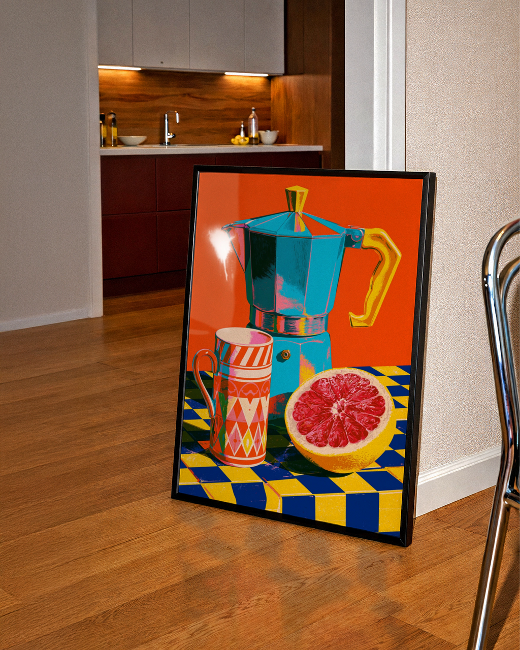 Moka Pot Coffee Print, Bold Pop Art Kitchen Poster, Colourful Still Life
