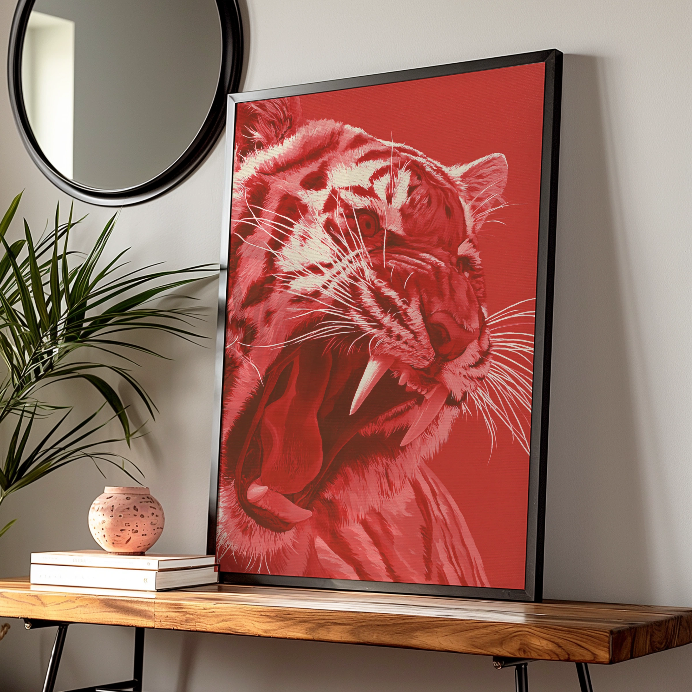 Red Tiger Growling Wall Art Poster, Bold Wildlife Print, Modern Animal Art