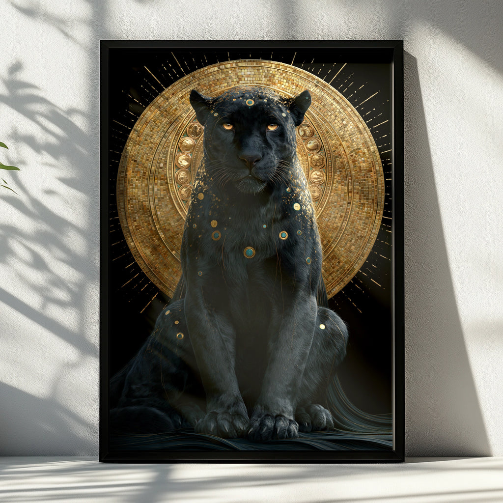 Black Panther Gold Halo Wall Art Poster, Mystical Big Cat Print