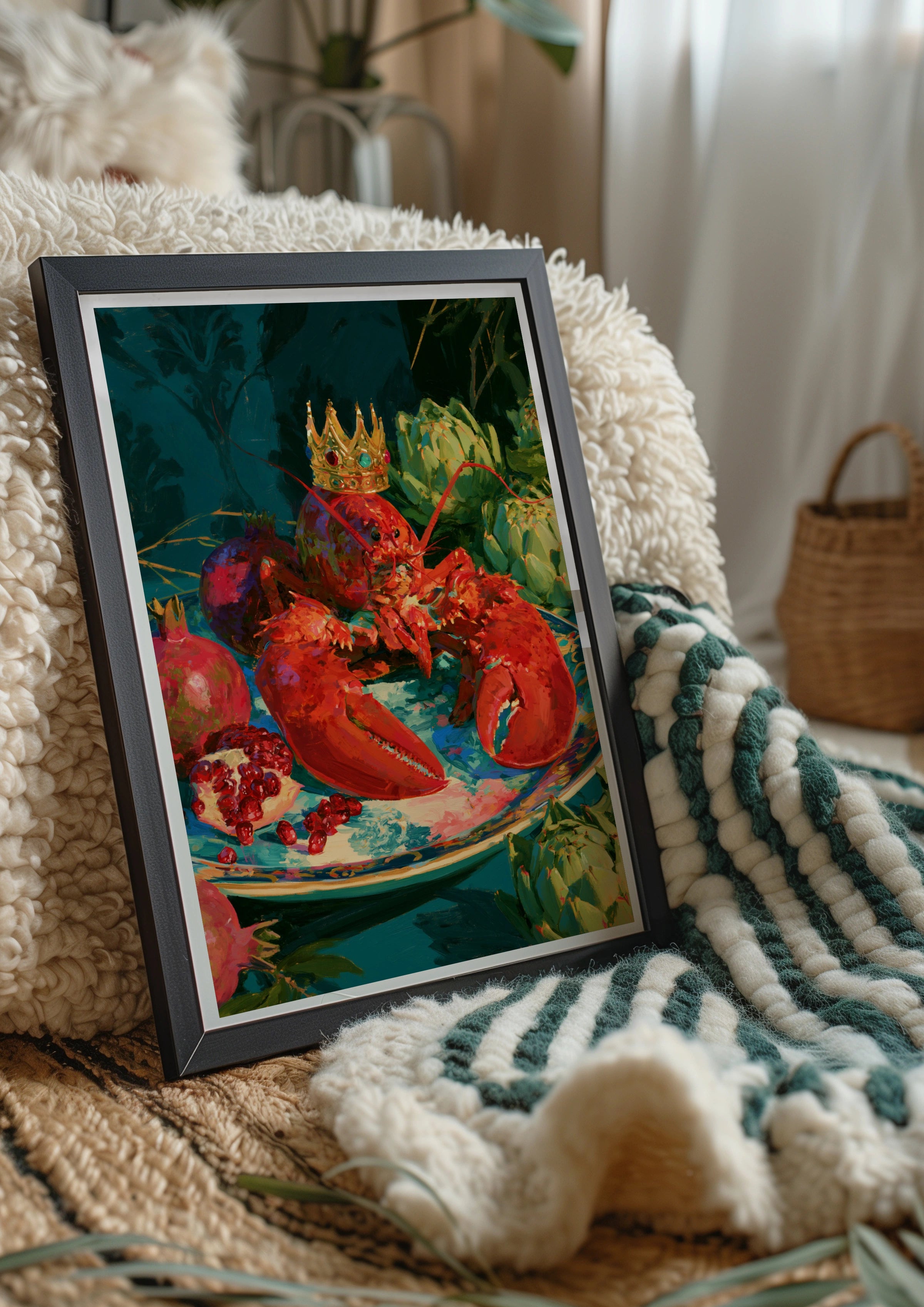 Crowned Lobster Artichokes Still Life Poster, Bold Maximalist Wall Art Print
