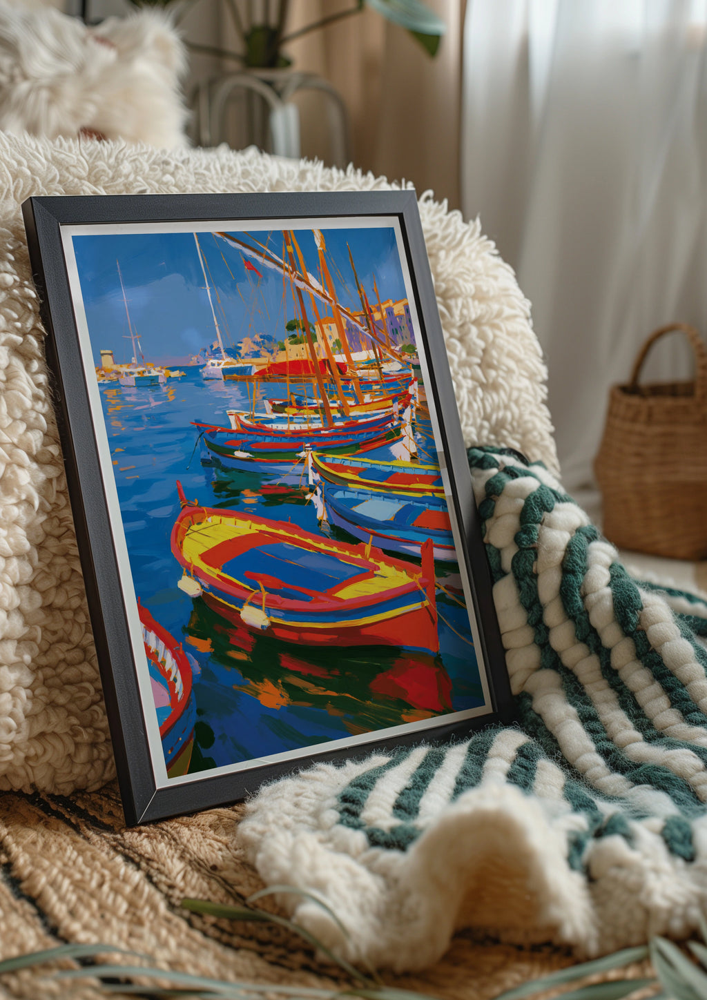 Colourful Boats Harbour Poster, Mediterranean Sailing Art Print, Bold Coastal Wall Art