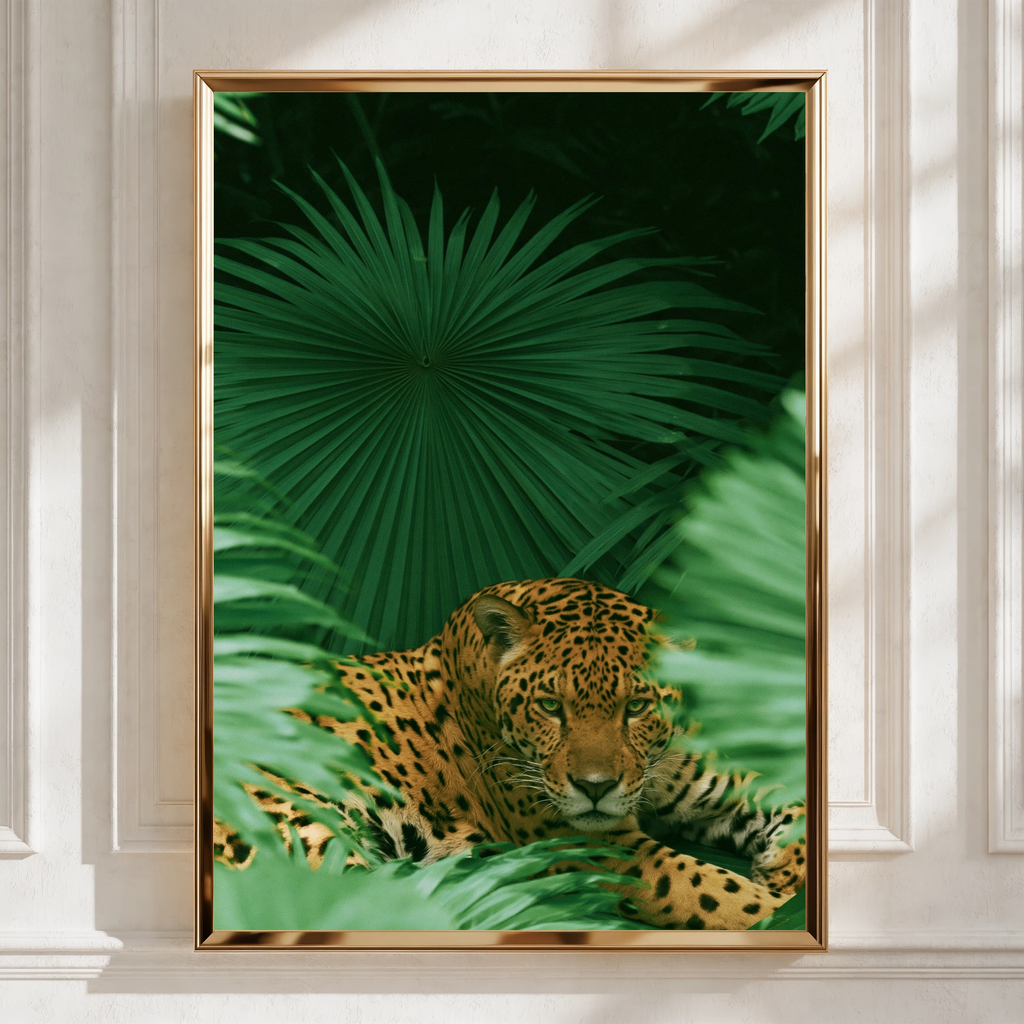 Jaguar in Palm Jungle Poster, Tropical Wildlife Art Print, Bold Green