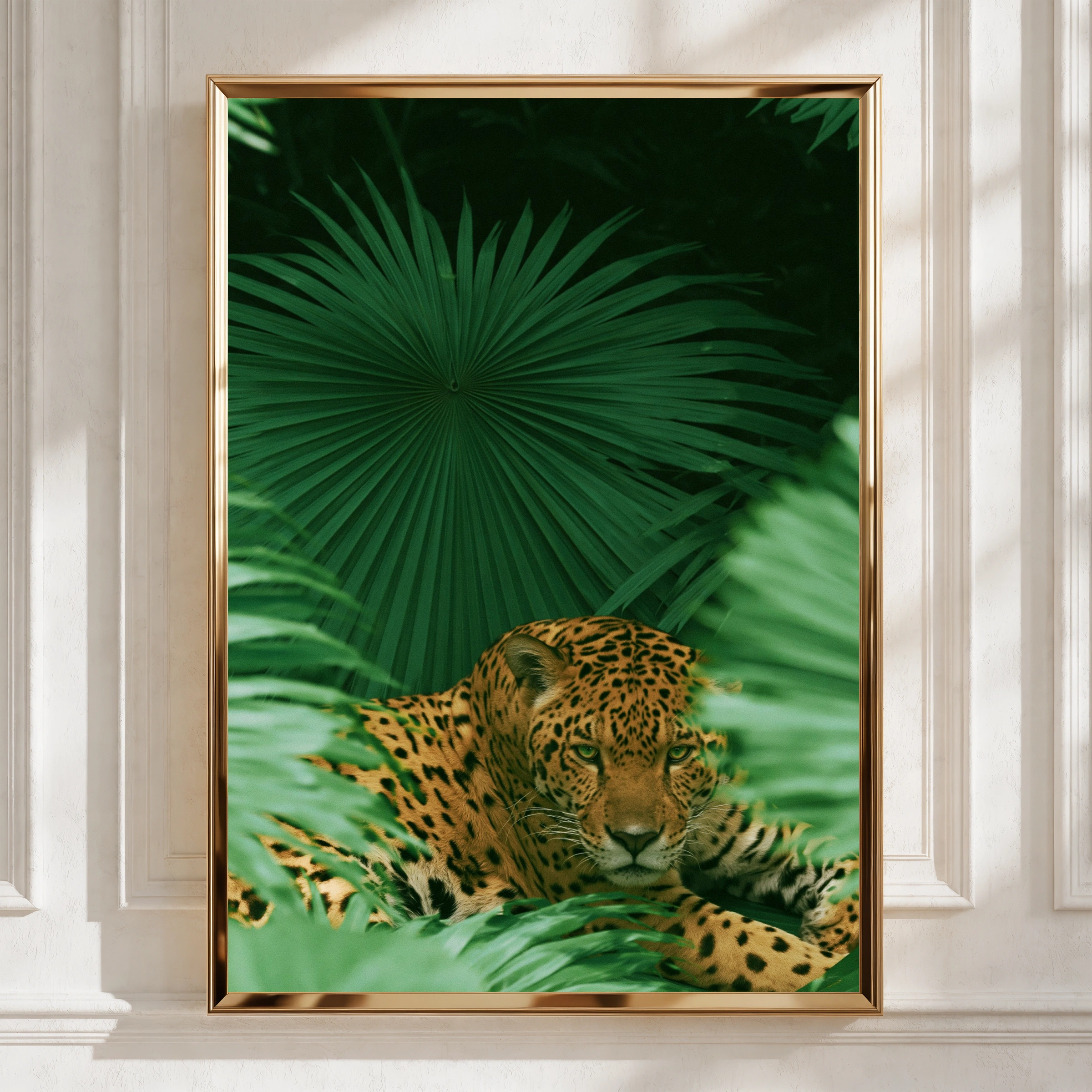 Jaguar in Palm Jungle Poster, Tropical Wildlife Art Print, Bold Green