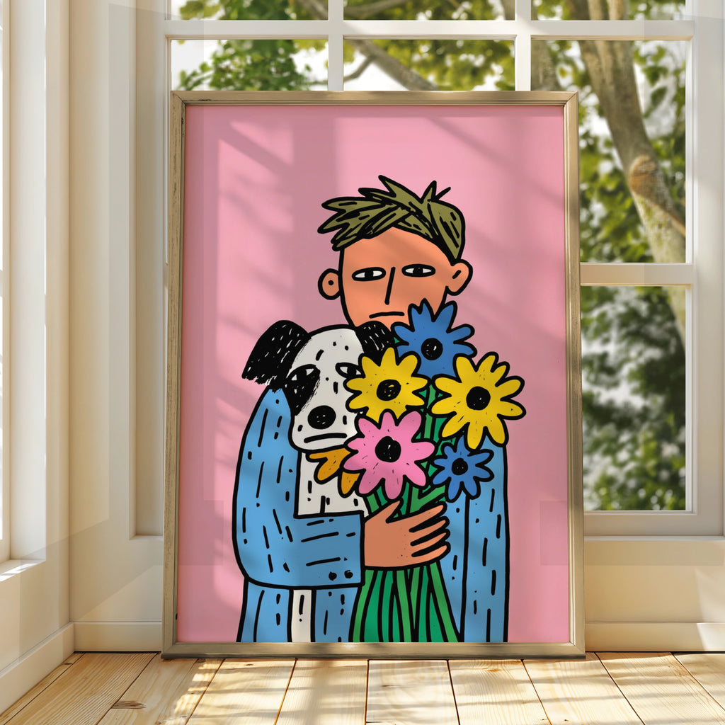 Man Dog Flowers Poster, Bold Illustration, Colourful Pink Wall Art Print