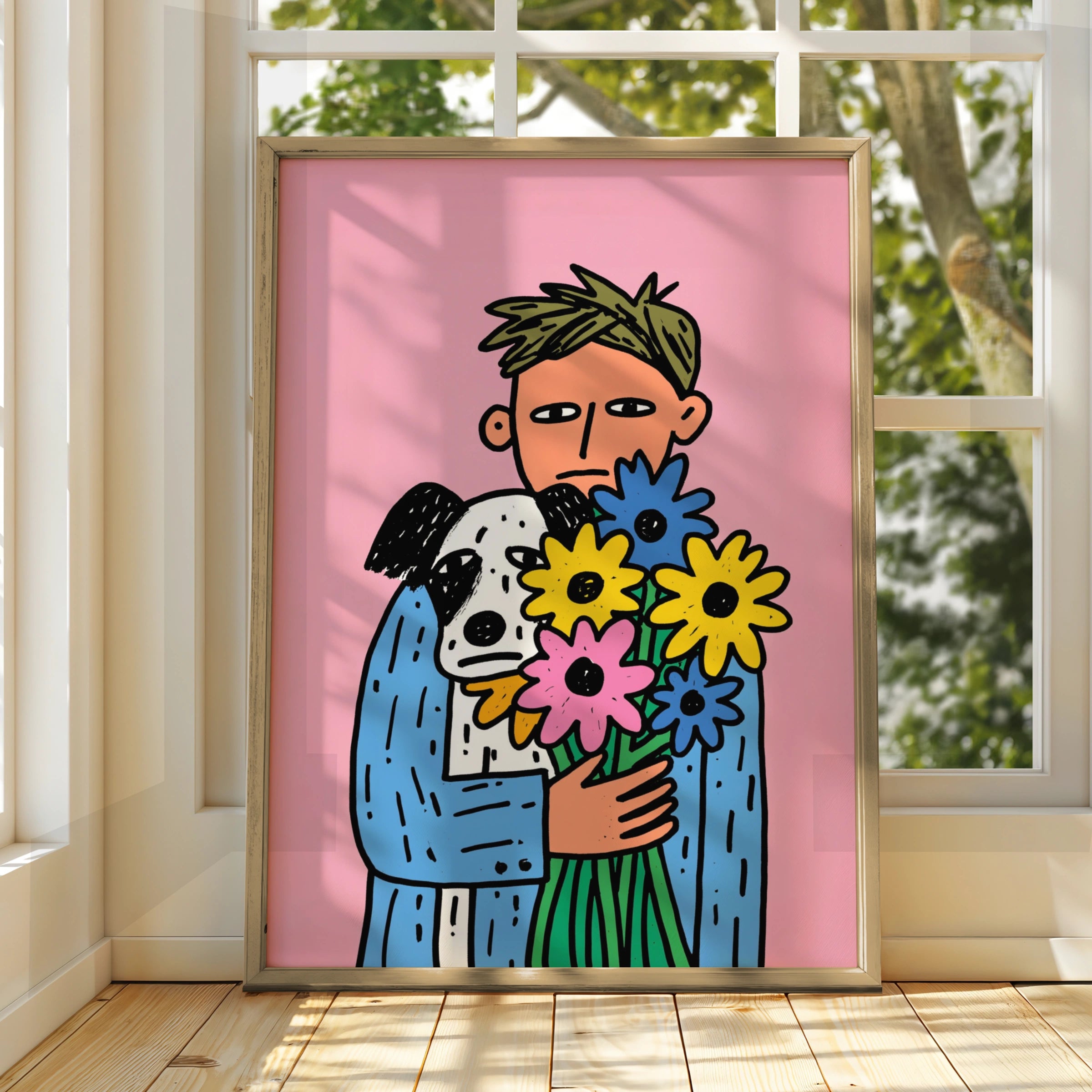 Man Dog Flowers Poster, Bold Illustration, Colourful Pink Wall Art Print