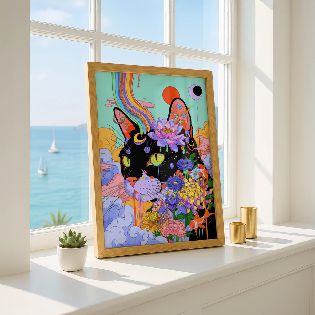 Psychedelic Cat Poster, Floral Black Cat Wall Art, Colourful Trippy Print