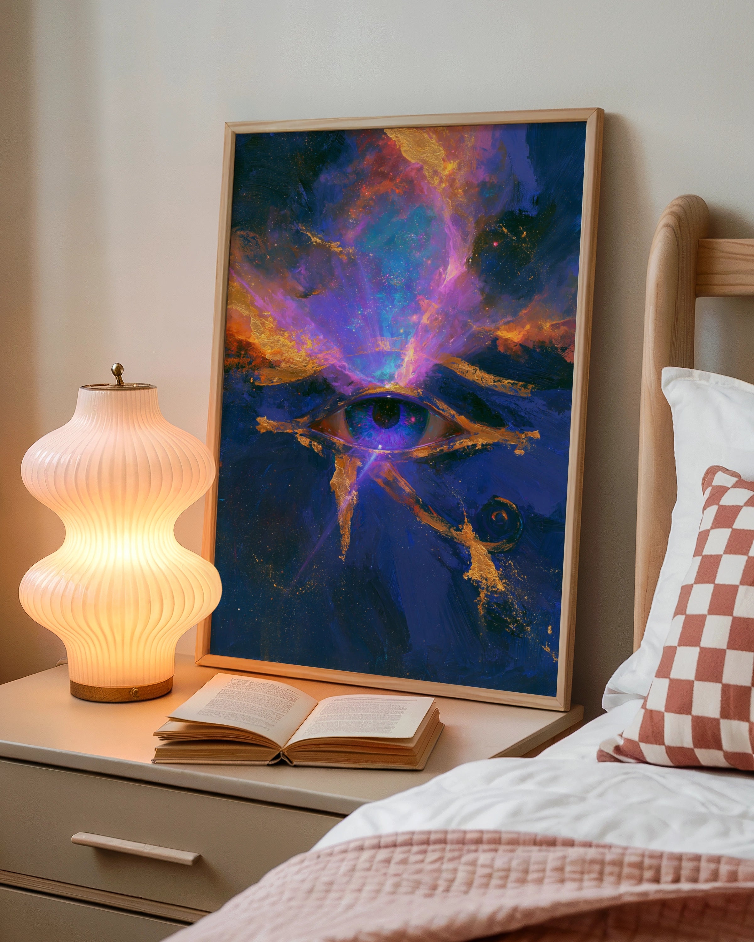 Eye of Horus Cosmic Poster, Egyptian Galaxy Wall Art, Mystic Gold Blue Print