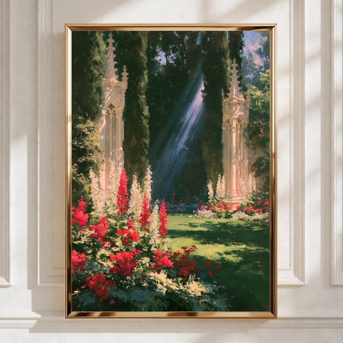 Gothic Garden Wall Art, Cypress Trees Sunlight Poster, Romantic Floral Print