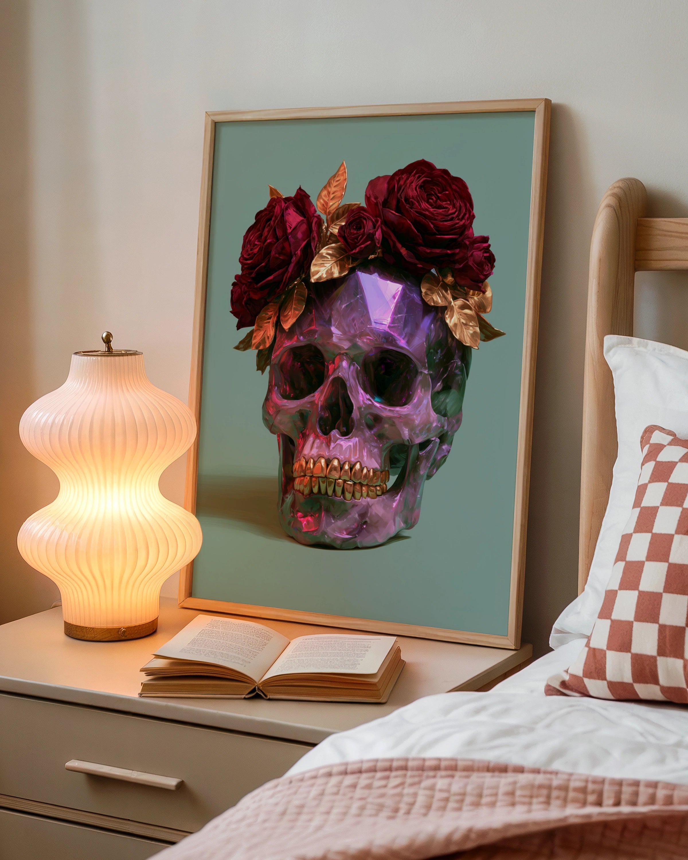 Amethyst Crystal Skull Red Roses Poster, Dark Floral Wall Art, Gothic Print