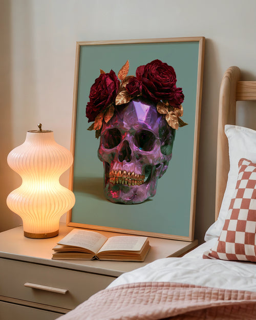 Amethyst Crystal Skull Red Roses Poster, Dark Floral Wall Art, Gothic Print