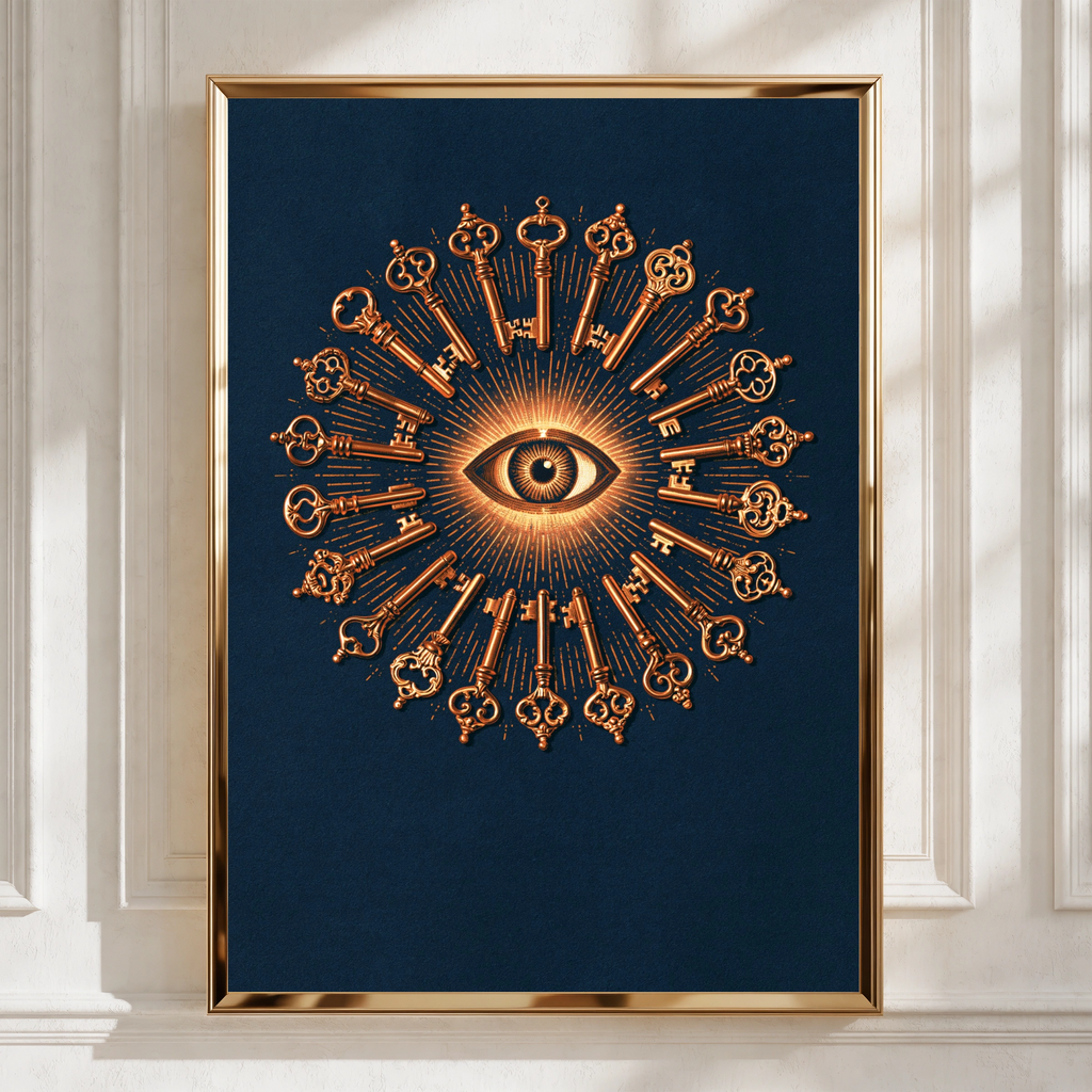 All Seeing Eye Keys Pattern Poster, Mystical Occult Wall Art, Navy Copper