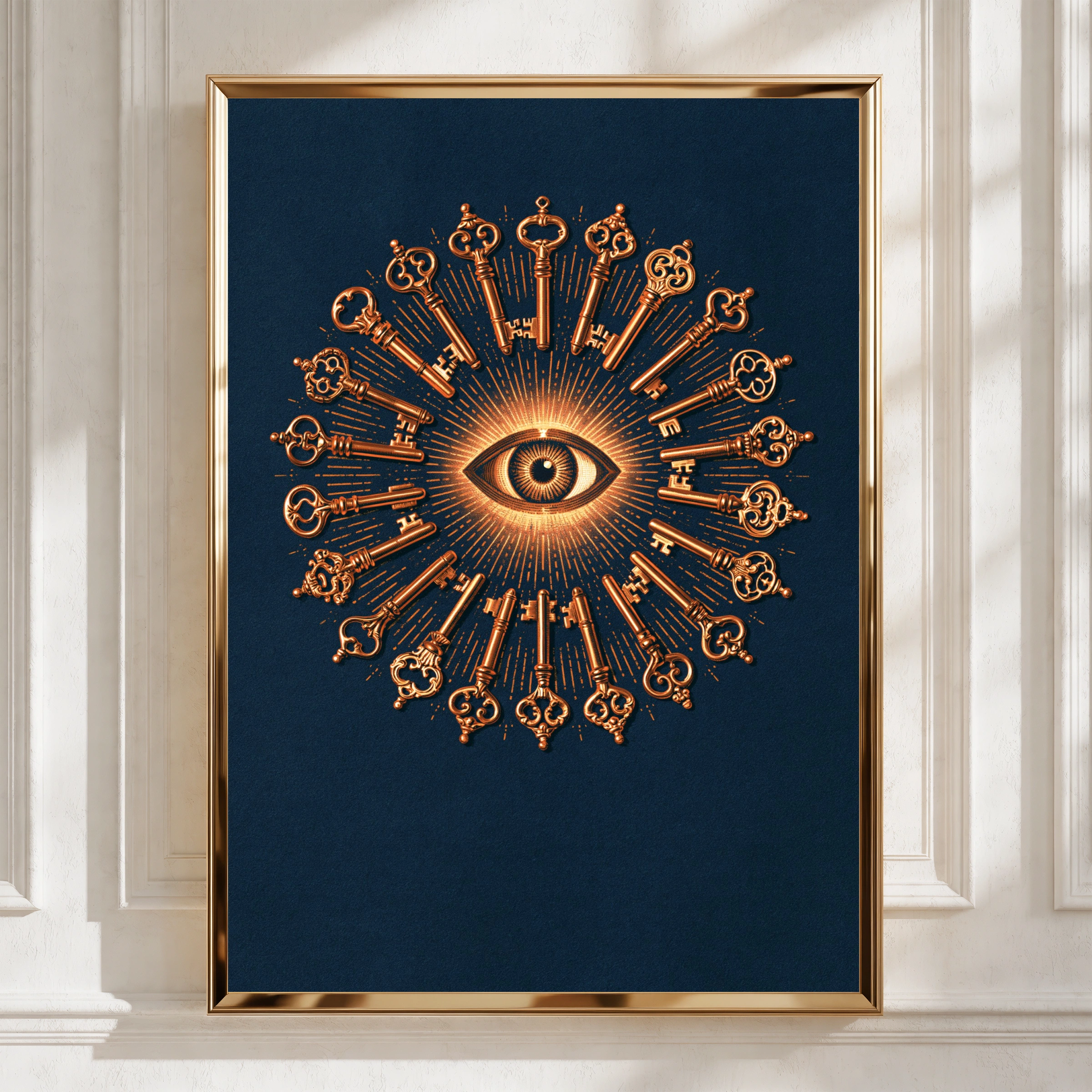 All Seeing Eye Keys Pattern Poster, Mystical Occult Wall Art, Navy Copper