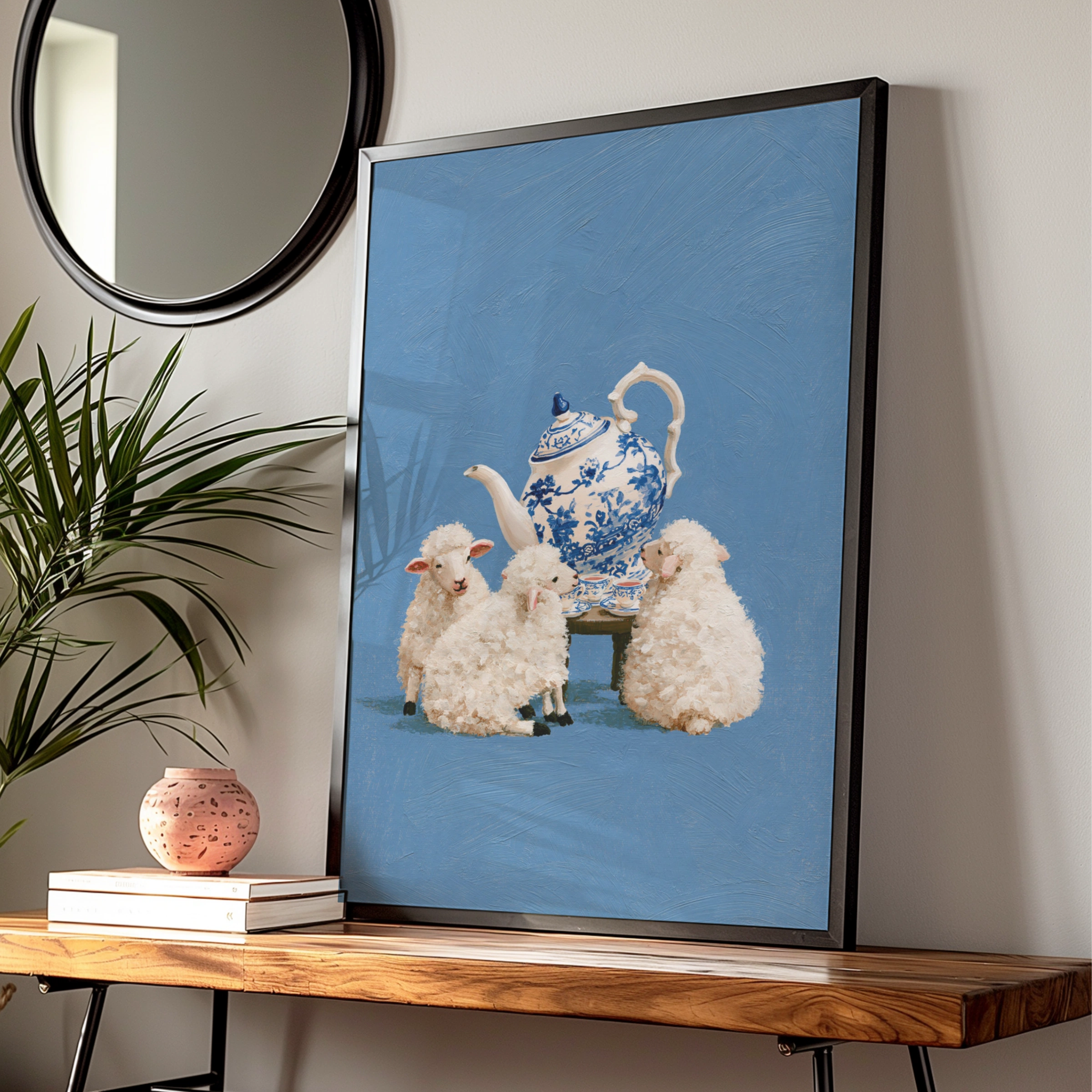 Lambs Tea Party Poster, Blue White Chinoiserie Teapot, Whimsical Sheep Art Print